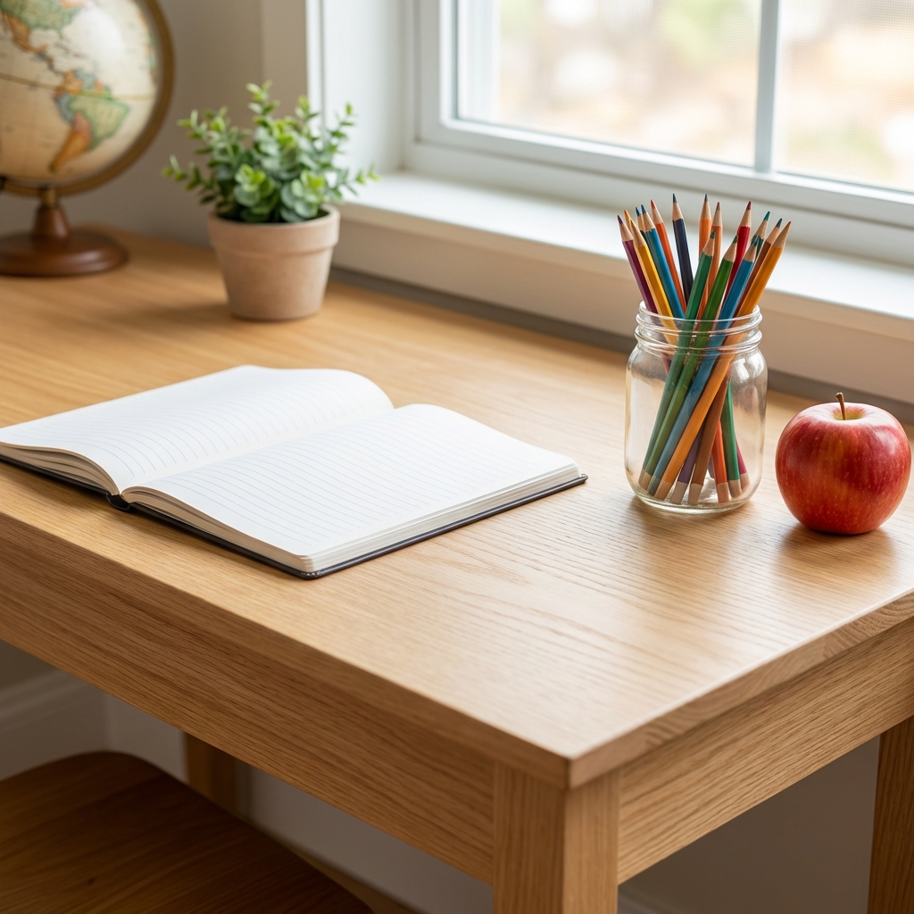 Mesa de estudos organizada com materiais escolares